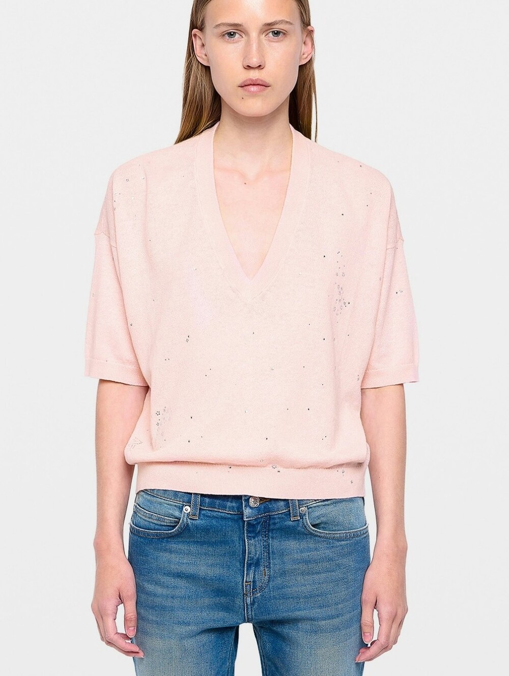 Zadig & Voltaire Wully Diamante sweater bebe light pink rhinestone sz large NWT